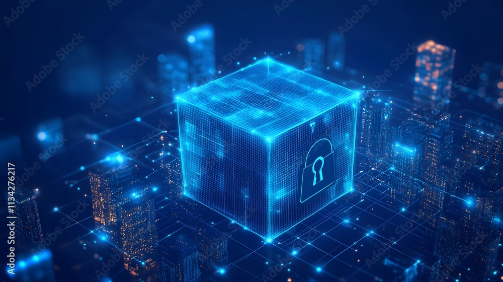 Poster glowing cube with padlock symbol over a digital city, representing data security and cybersecurity.