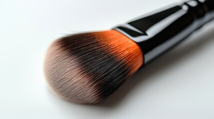 Obraz premium A close-up of a makeup brush with a black handle and orange-tipped bristles.