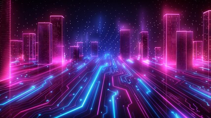 Fototapeta premium Digital city with circuit paths and purple neon glows.