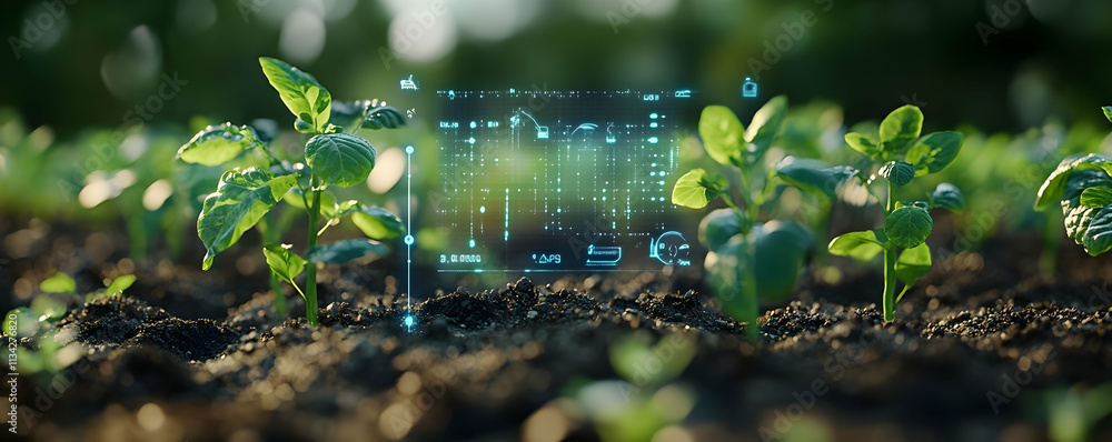 Poster a futuristic view of plants with digital data overlay in a field.