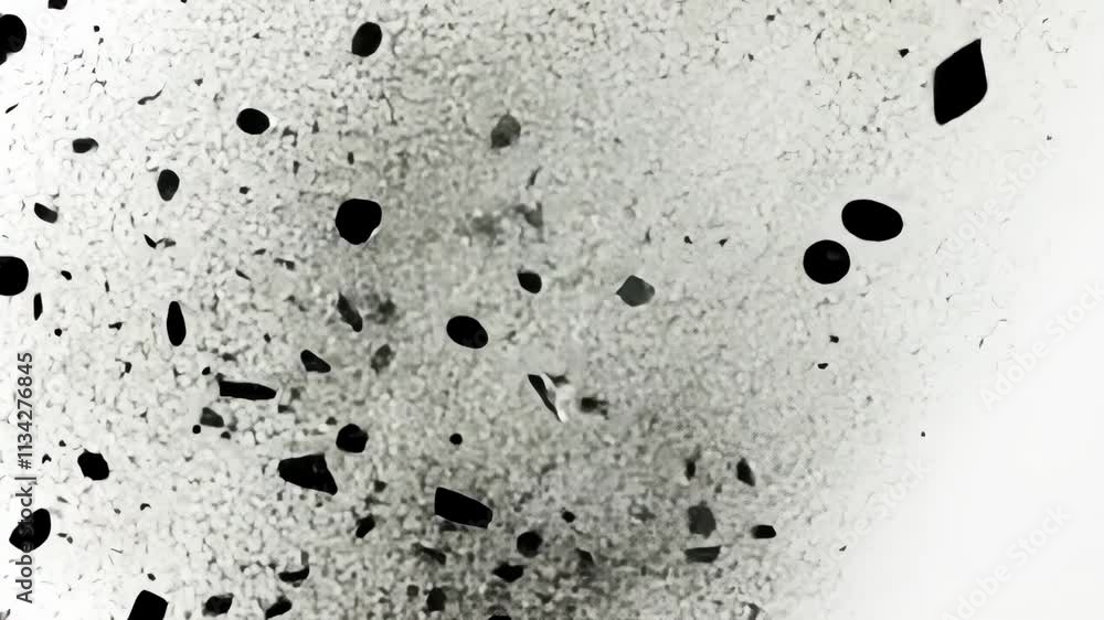 Poster dynamic black particles scattering against a white background during an art experiment in a laborato