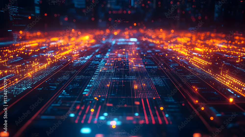 Poster a vibrant digital landscape showcasing interconnected data streams and circuitry.