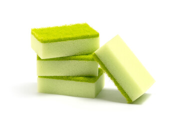 Stack dish washing sponges highlighted on white background.
