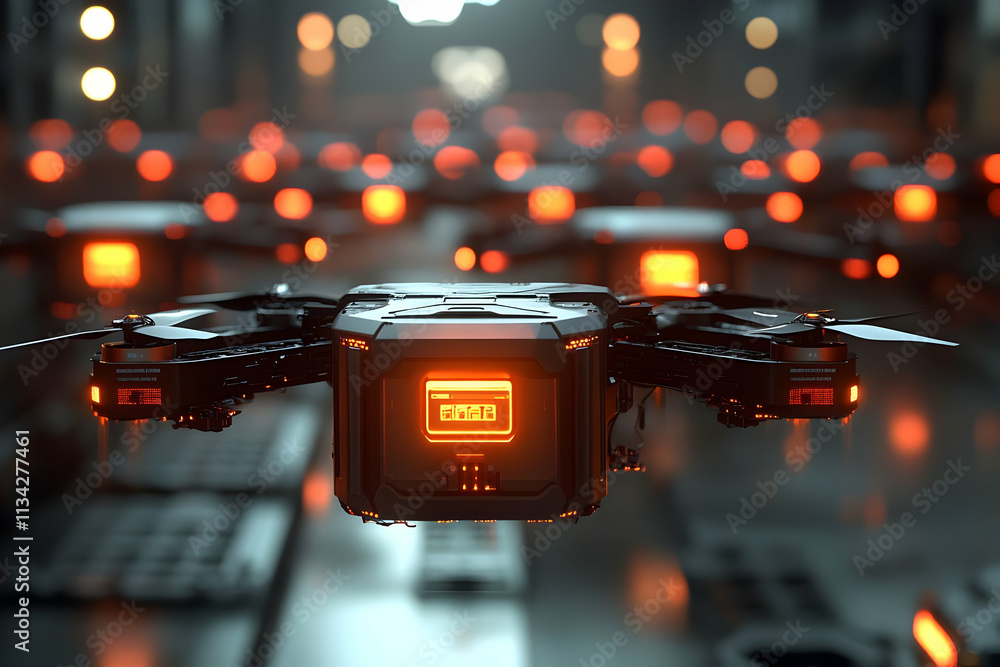 Poster a futuristic scene featuring drones with glowing elements in a high-tech environment.