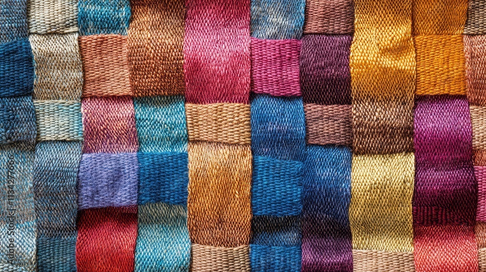 Poster a high-resolution image of a woven textile, highlighting the warp and weft threads forming a complex