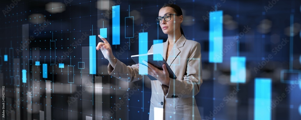 Poster advanced financial analysis with interactive digital market data display.