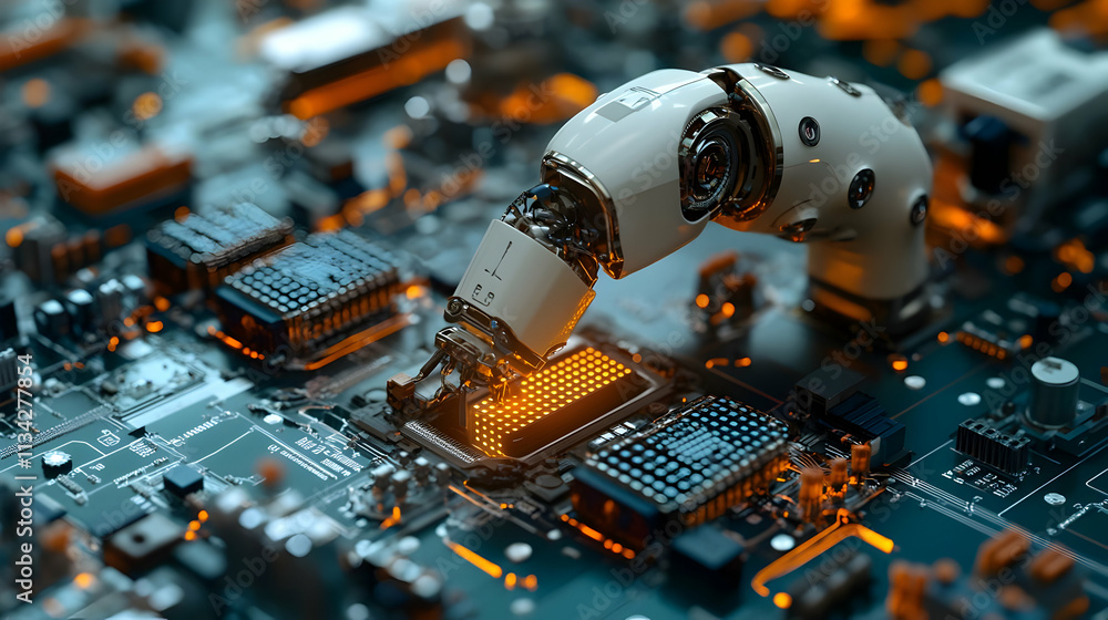 Poster a robotic arm assembling components on a circuit board, showcasing advanced technology.