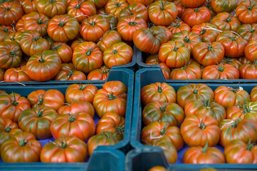 a box of tomatoes in a market