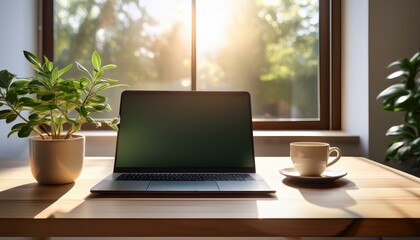 Fototapeta premium Simple and elegant workspace with a wooden desk, a laptop, a coffee cup, and a small potted plant, minimalistic design with soft natural lighting.