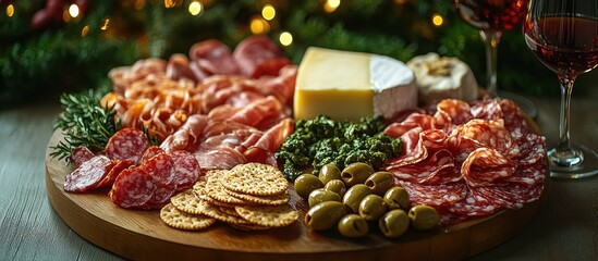 Festive charcuterie board with meats, cheeses, olives, crackers, and herbs.