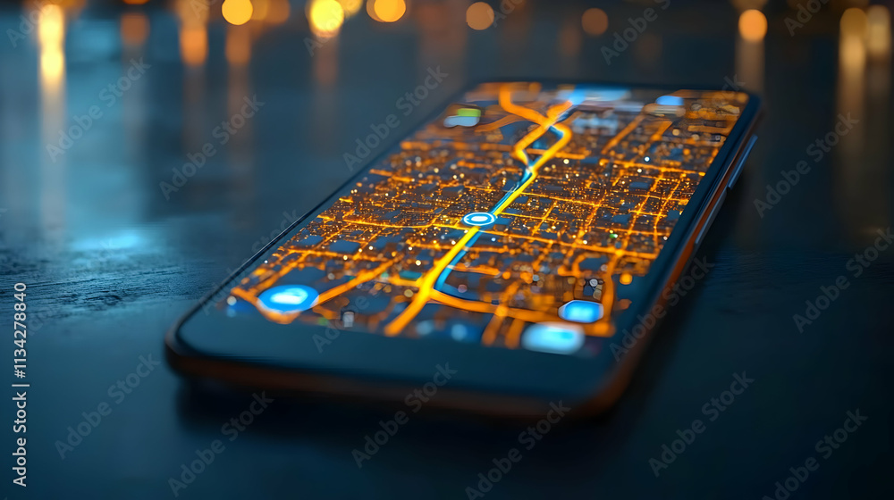Poster a smartphone displaying a vibrant map with illuminated streets and navigation routes.