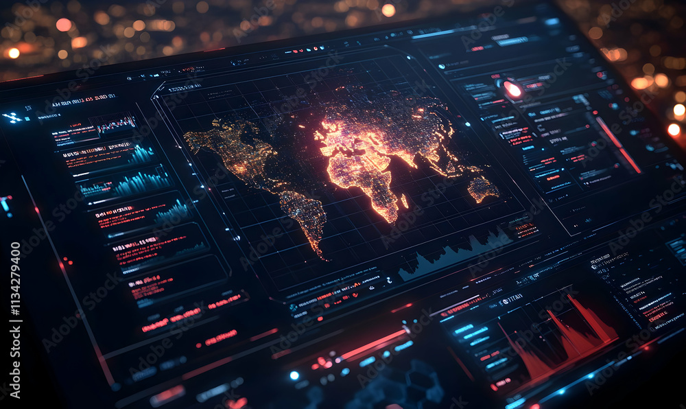 Poster a digital interface displaying a glowing world map with data visualizations and analytics.