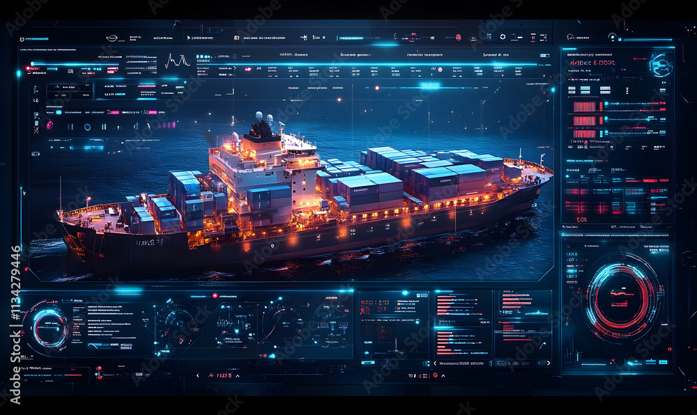 Poster a futuristic cargo ship with digital interface elements showcasing data and analytics.