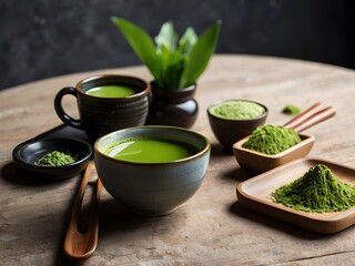a cup of matcha on the table in the morning