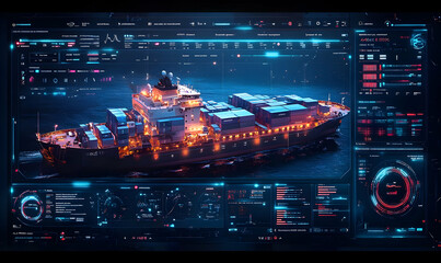 Fototapeta premium A futuristic cargo ship with digital interface elements showcasing data and analytics.
