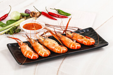 Boiled tiger prawn with sauce