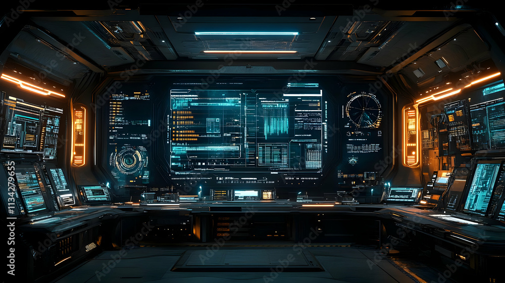 Poster futuristic control room with advanced screens and glowing interfaces for data analysis.