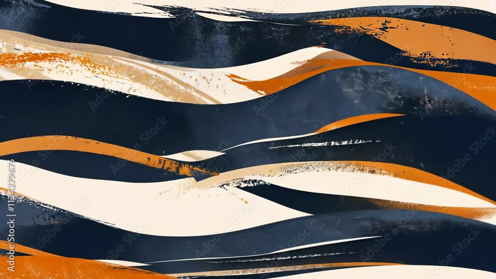 Poster modern abstract pattern featuring flowing waves in earthy tones and deep blues on a light background