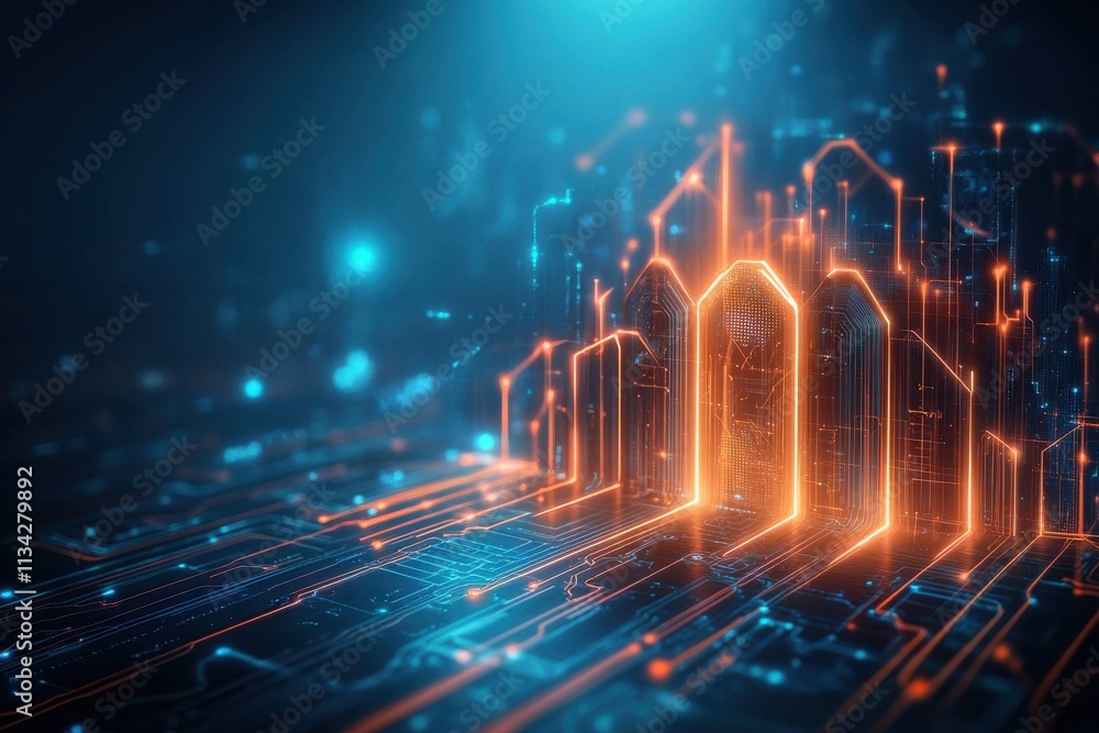 Poster futuristic digital cityscape with glowing architecture, neon lights, and network connections in cybe
