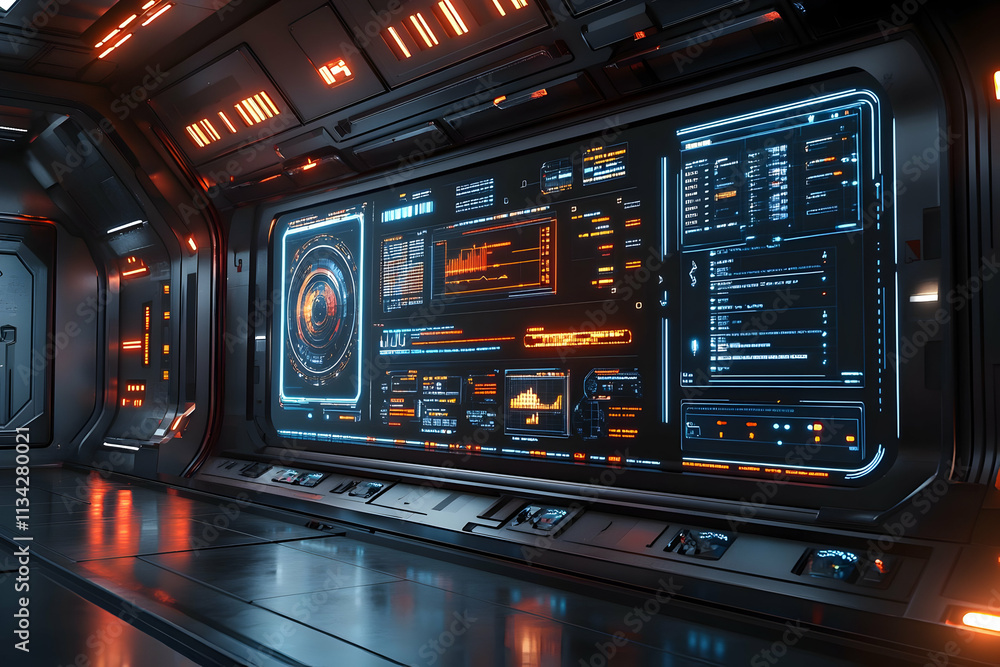 Poster futuristic control room with glowing interfaces and data displays.