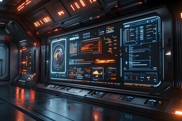 Naklejka premium Futuristic control room with glowing interfaces and data displays.