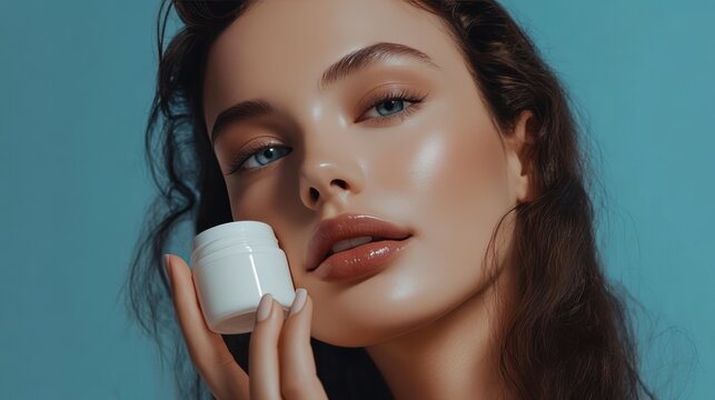 closed up hand and cream jar. Beautiful woman applying skin care cream from white cream jar, Set for spa, skin care and body products and solutions for skin problems such as scars, acne, wrinkles.