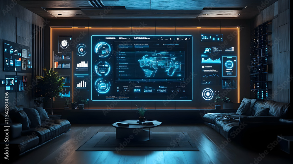 Poster a modern office space featuring a high-tech display with data analytics and charts.