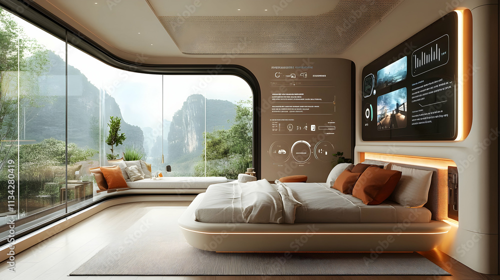 Poster a modern bedroom with large windows showcasing a scenic view and high-tech features.