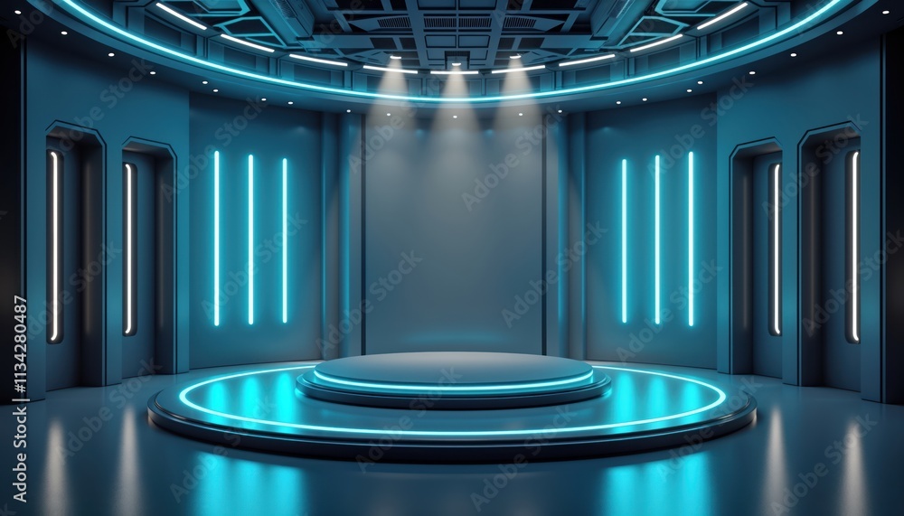 Poster empty futuristic tech interior with round podium. modern design. neon blue lights highlight dark gre
