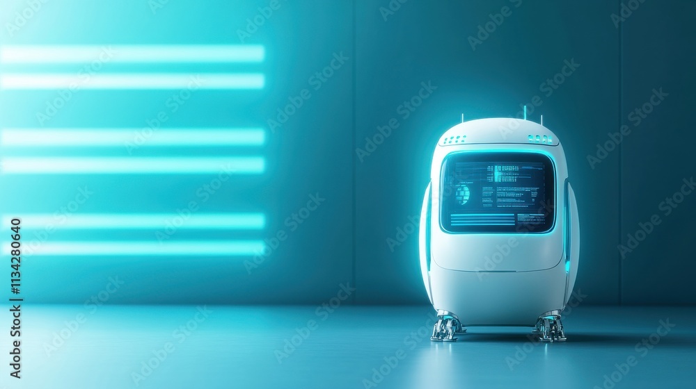 Poster futuristic robotic assistant standing in a sleek modern environment with glowing neon lights and adv