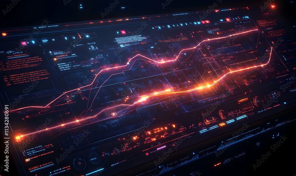 Poster futuristic digital interface displaying data analytics and visualizations.