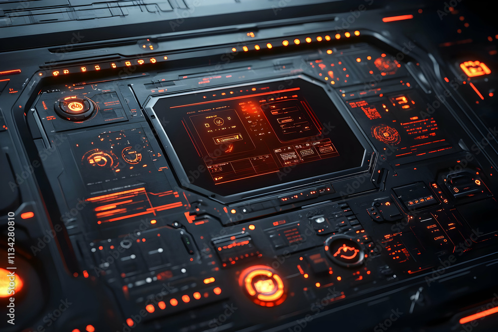 Poster a futuristic control panel with glowing interfaces and buttons, suggesting advanced technology.