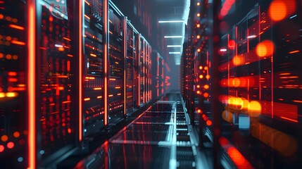Red lights illuminate a dark server room, highlighting the rows of data storage equipment.