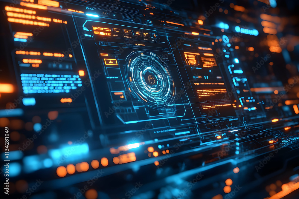 Poster futuristic digital interface with glowing elements and data displays.