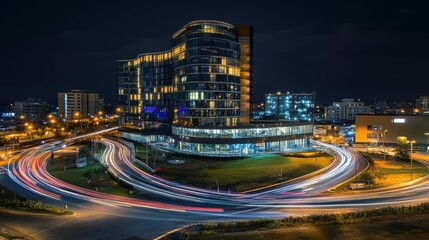 Obraz premium Light trails on the modern building background. Light trails at night in urban environment, Abstract Motion Blur City, traffic, transportation, street, road, speed