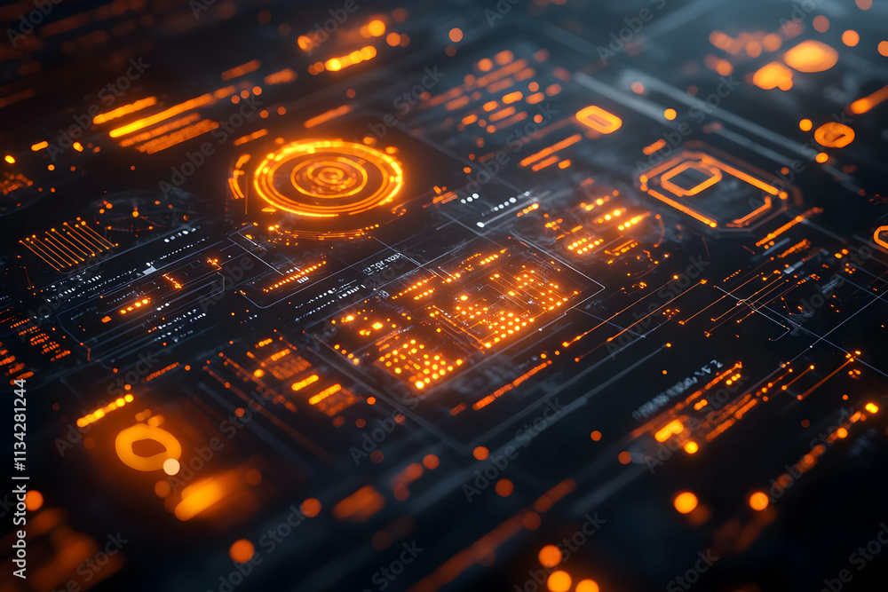 Poster abstract digital interface with glowing orange elements and data visualizations.
