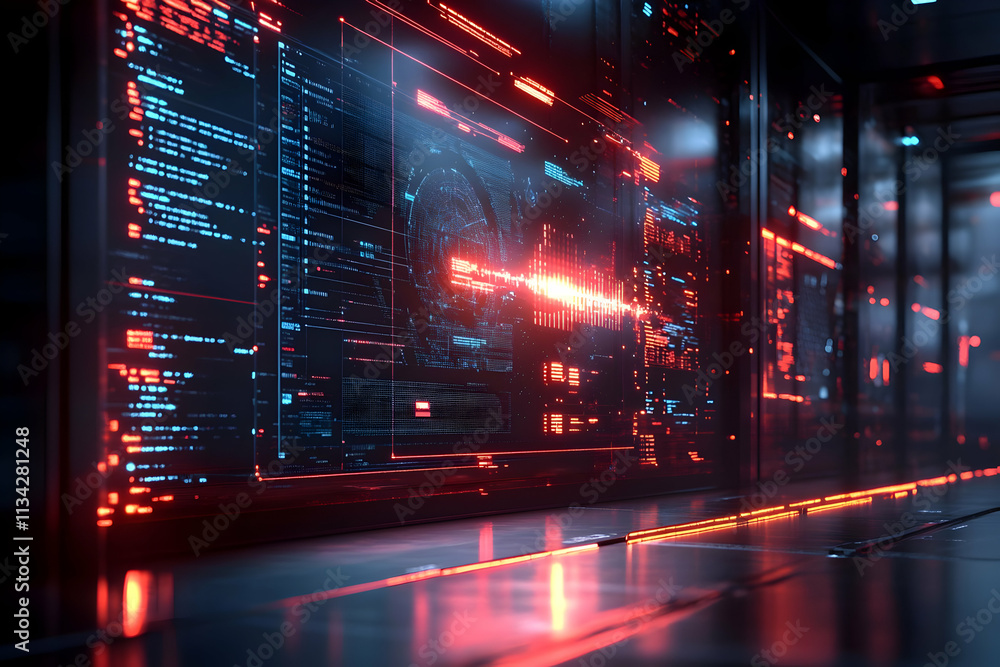 Poster futuristic digital interface with glowing data displays and technology elements.