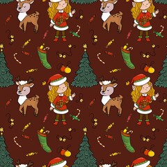 christmas pattern with burgundy background repeat seamless pattern elf reindeer Christmas tree