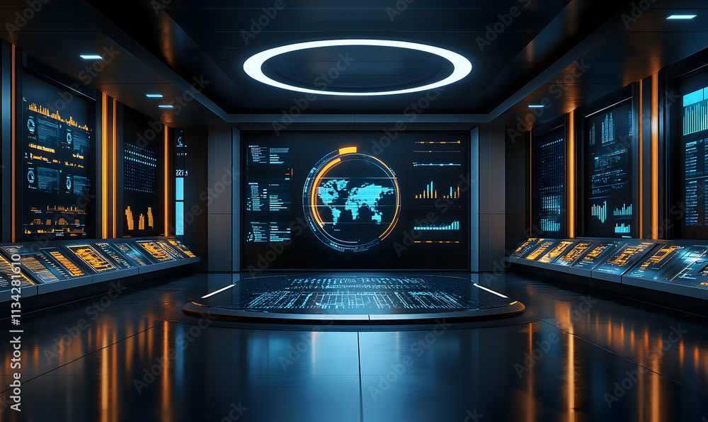 Aufkleber futuristic control room with digital displays and global data visualization.