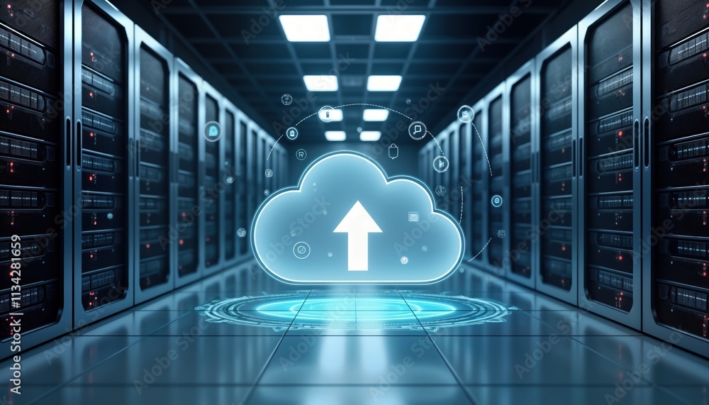 Aufkleber Futuristic server room shows tech data recovery system. Cloud backup concept in progress. Backup plan in modern server room. Data transfer to cloud server. Digital illustration displays tech