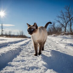 A Siamese cat exploring a snowy path under a brilliant blue winter sky.