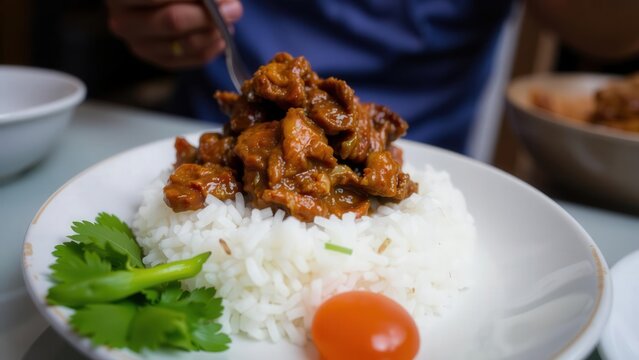 Delicious Meal of White Rice with Savory Meat and Vegetables, Perfect for aying Lunch or Dinner