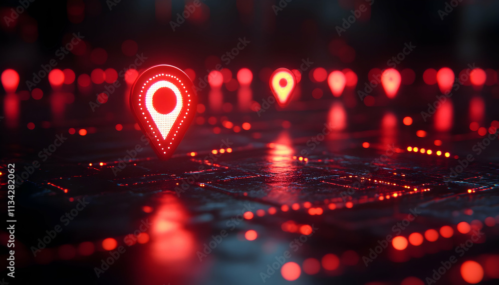 Aufkleber a digital representation of location markers glowing in red on a dark surface.
