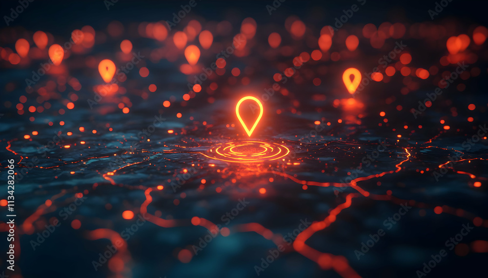Aufkleber an abstract representation of location markers glowing on a digital map.