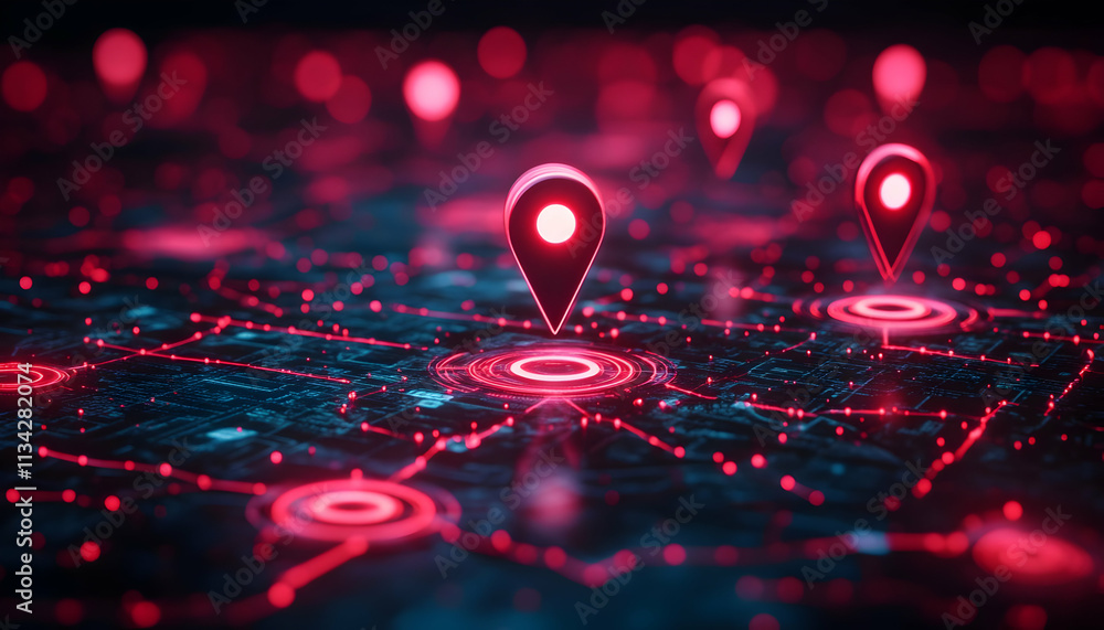 Poster digital map with glowing location pins representing navigation and connectivity.