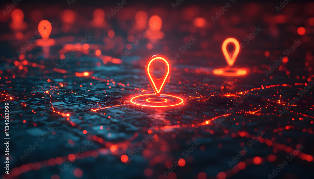 Poster a digital map with glowing location pins highlighting specific areas.