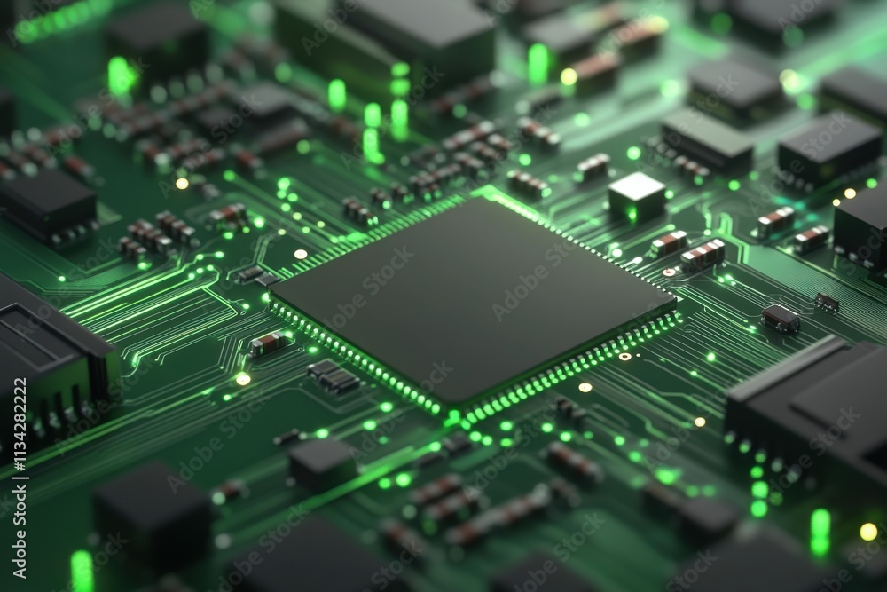 Aufkleber close-up view of a digital circuit board with microchips and green lights illuminating the component