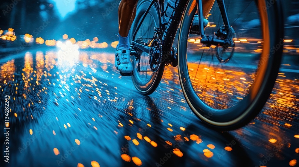 Poster a cyclist rides through a rainy street, creating a dynamic scene with reflections and motion.