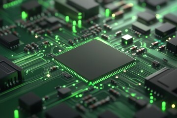Obraz premium Close-Up View of a Digital Circuit Board with Microchips and Green Lights Illuminating the Components, Showcasing Modern Technology and Connectivity Concepts