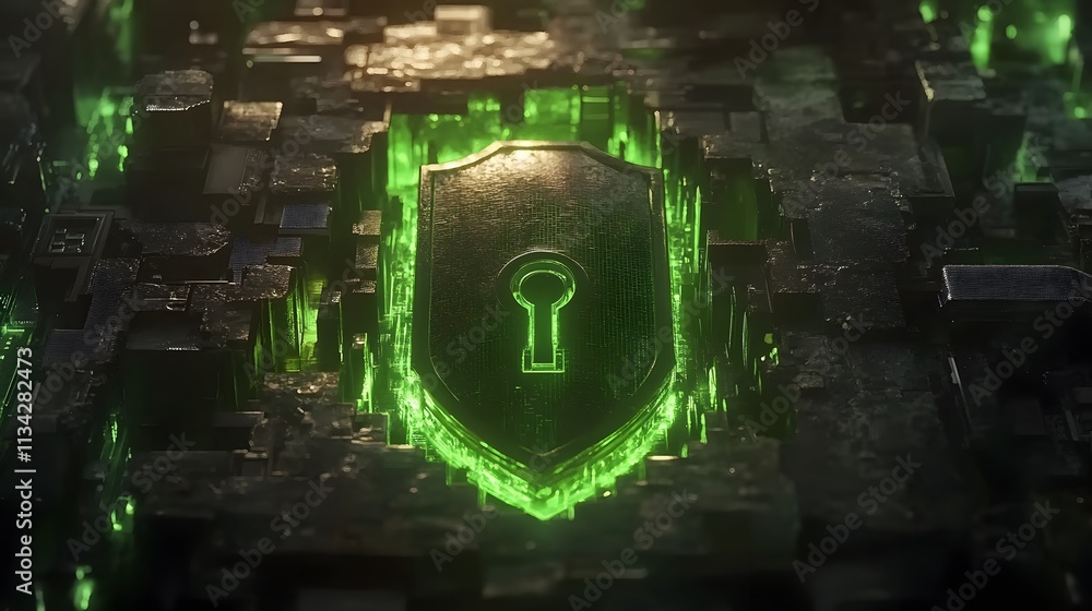 Aufkleber glowing green keyhole shield embedded in dark digital matrix.